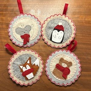 Handmade Set of 4 Christmas animal felt ornaments
